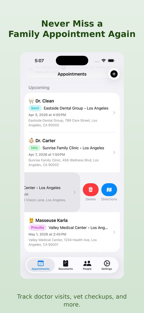 Upcoming appointments list with swipe for directions or delete