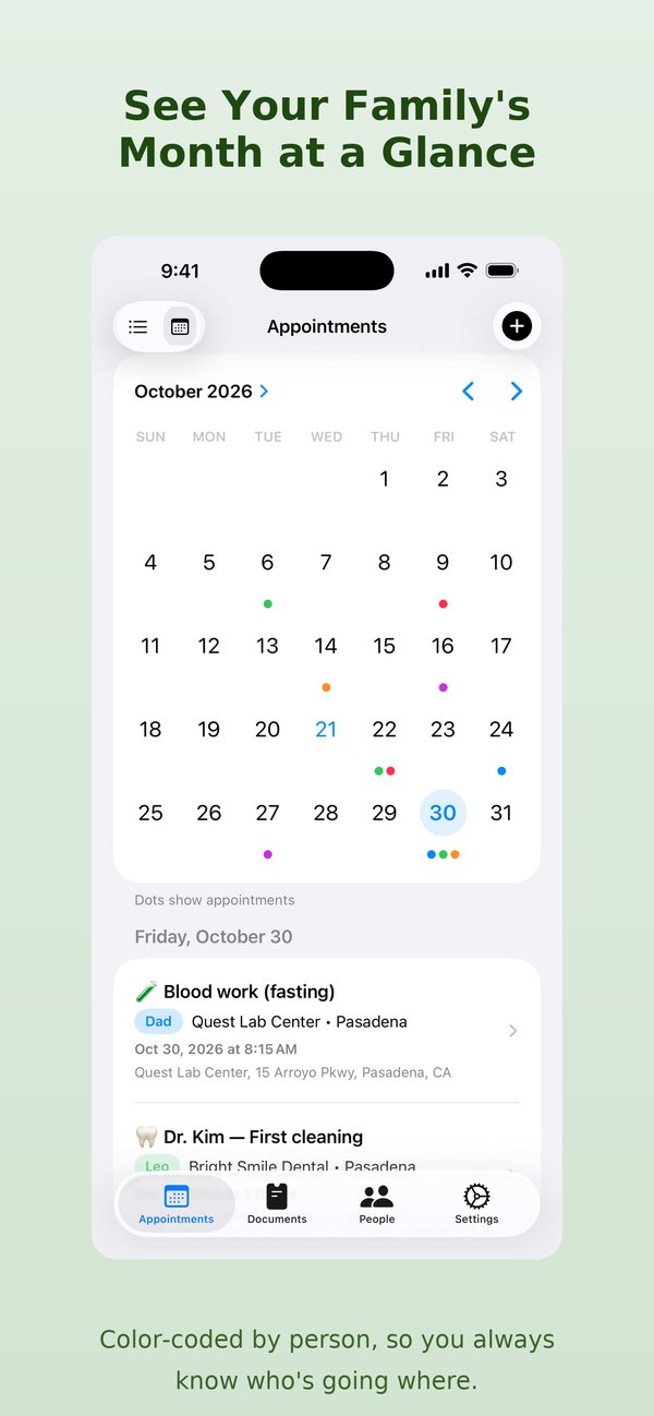 Calendar view with colored dots for each family member